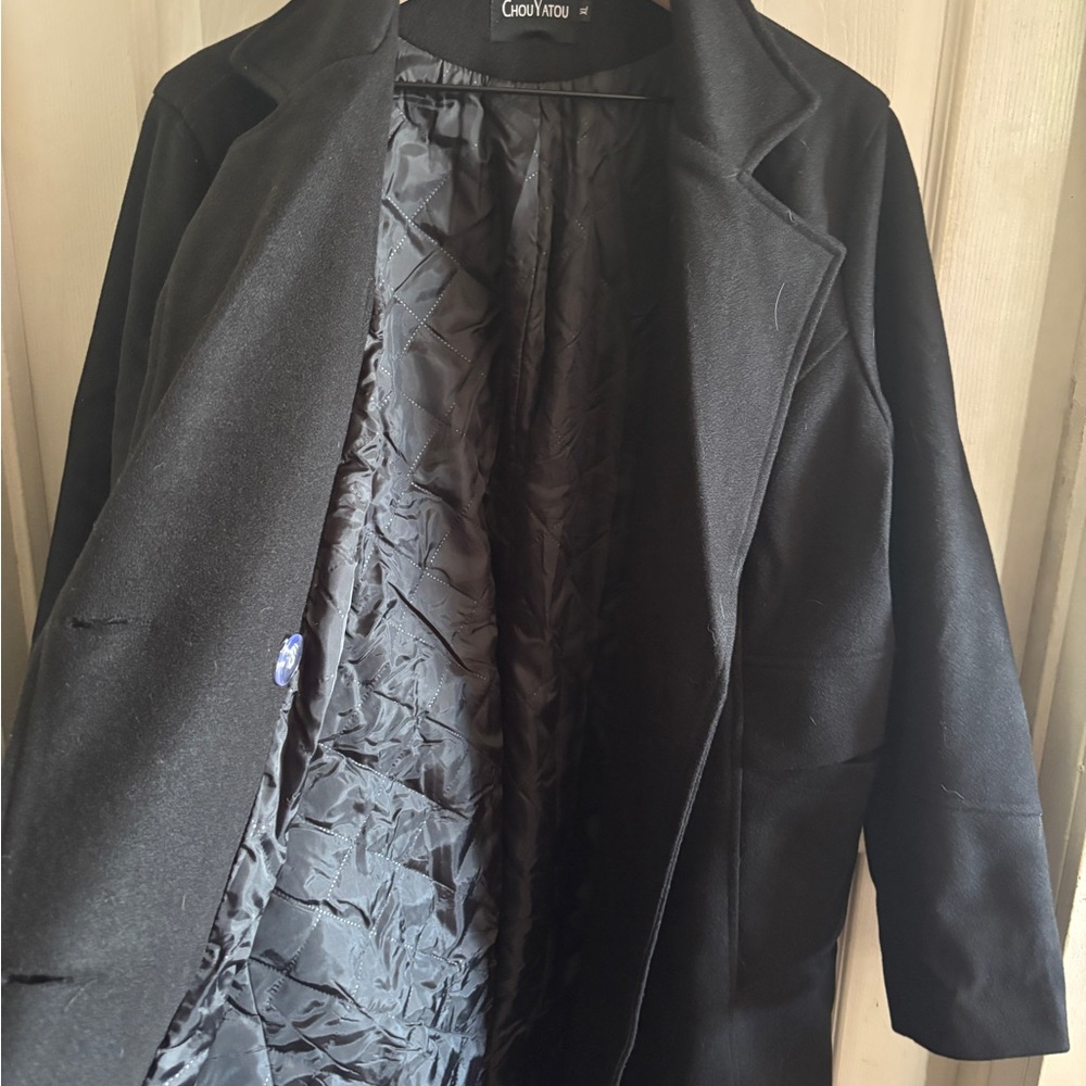 Basic Double Breasted Mid Long Wool Blend Pea Coat - image 3